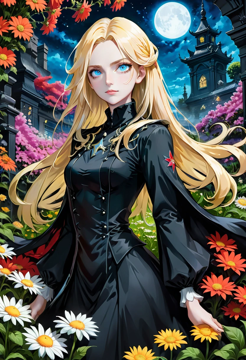 Exquisite and charming anime style illustration, alucard fusão com sarada dark fênix in the daisy flower bed, a beautiful girl with blond hair, blue eyes, half body, hiding in the flowers dark black , colorful and dazzling black . Intricate details, rendering and painting techniques come together to create a mesmerizing scene that evokes elegance and otherworldly elegance.