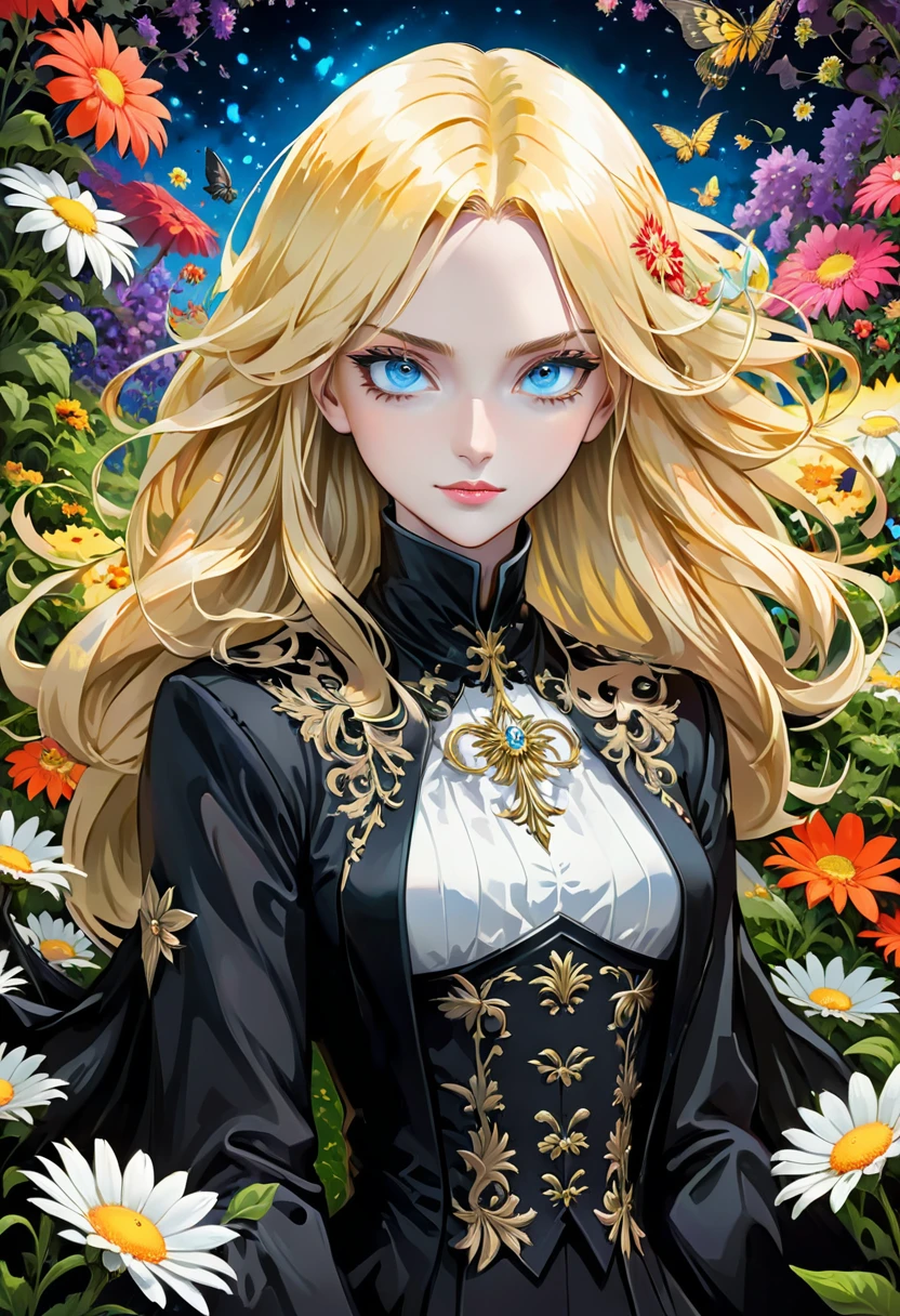 Exquisite and charming anime style illustration, alucard fusão com sarada dark fênix in the daisy flower bed, a beautiful girl with blond hair, blue eyes, half body, hiding in the flowers dark black , colorful and dazzling black . Intricate details, rendering and painting techniques come together to create a mesmerizing scene that evokes elegance and otherworldly elegance.