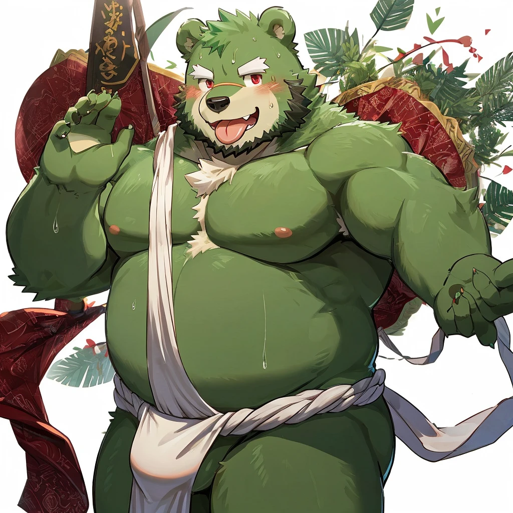 anthro, kemono, male, solo, (((green bear))), (((green fur))), green hair, red eyes, beard, white eyebrows, sexy, blush, wink, white background, wear a white loincloth, sweating a lot, tongue out, bare body, waving a fan, fundoshi, full body