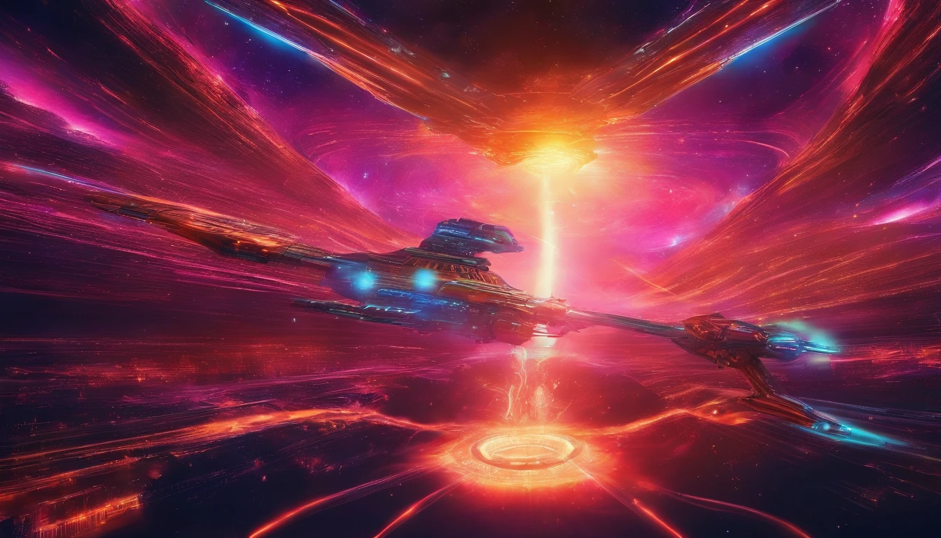 Far away shot of Space ship flying through space into a light beam, neon retro, cyberpunk