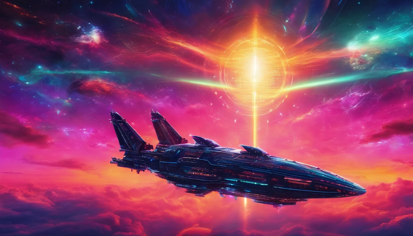 Far away shot of Space ship flying through space into a light beam, neon retro, cyberpunk