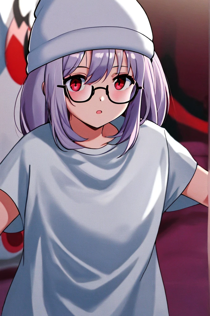 girl, white background, white beanie, bangs, light purple hair, red eyes, glasses, [black t-shirt]