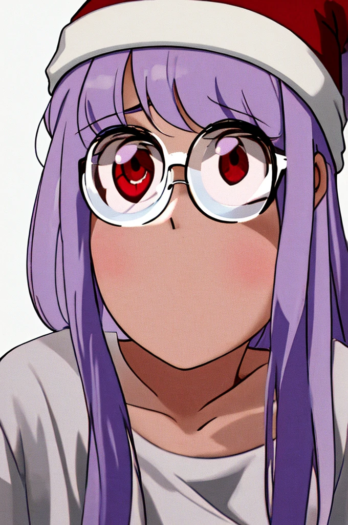 girl, white background, white beanie, bangs, light purple hair, red eyes, glasses, [black t-shirt]