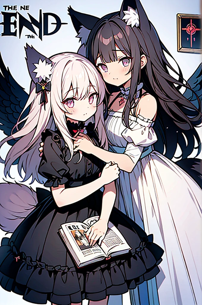 anime style,(((Occult magazine cover style))),((book le is "END OF THE WORLD")),((2people looks like 2girls)),
1of2=cute shoth cat ears angel, long pink hair, angel ring, angel wings, white frilly dress,
///
2of2=cute shota wilf ears fenrir, looks like a girl, long black hair, wolf tail, black frilly dress, gothic skirt,