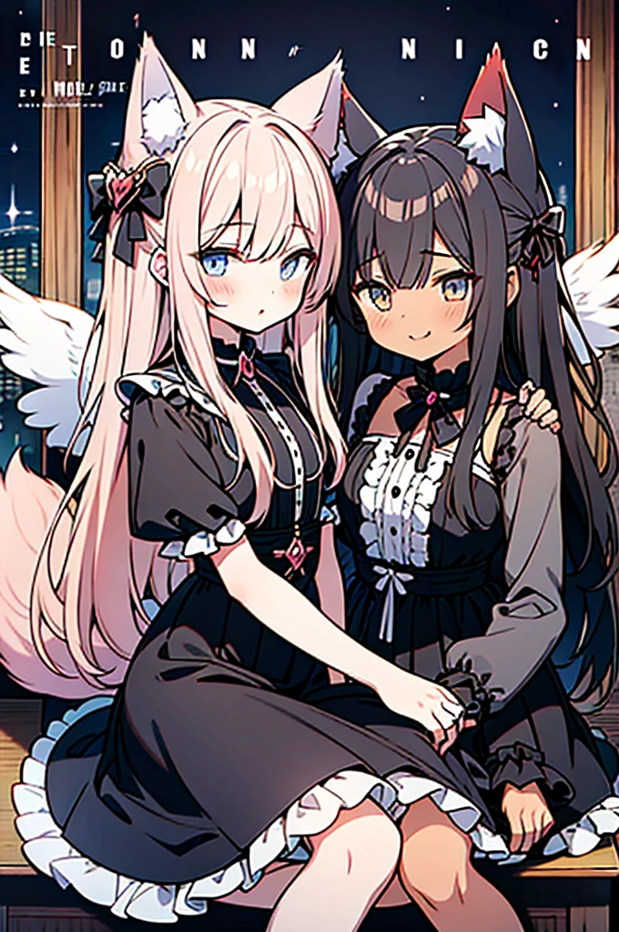anime style,(((Occult magazine cover style))),((book title is "END OF THE WORLD")),((2people looks like 2girls)),
1of2=cute shota with cat ears angel, long pink hair, angel ring, angel wings, white frilly dress,
///
2of2=cute shota with wolf ears fenrir, looks like a girl, long black hair, wolf tail, black frilly dress, gothic skirt,