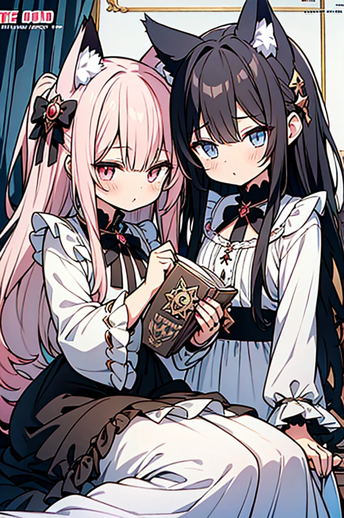 anime style,(((Occult magazine cover style))),((book title is "END OF THE WORLD")),((2people looks like 2girls)),
1of2=cute shota with cat ears angel, long pink hair, angel ring, angel wings, white frilly dress,
///
2of2=cute shota with wolf ears fenrir, looks like a girl, long black hair, wolf tail, black frilly dress, gothic skirt,
