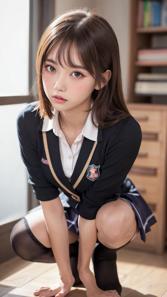 (Showing off panties:1.2), (Professional portrait, Realistic and perfectly shaped subjects:1.3), (masterpiece, highest quality:1.2), (Realistic, Ultra-realistic, Realistic:1.3), (ultra High resolution), High resolution, Intricate details, Super detailed, (Highly detailed CG, unity 8k wallpaper:1.3), Clear image,
break
(1 Japanese girl, ), (cute, Slender figure), (Perfect Anatomy, Correct limbs:1.2), (Perfect hands), Perfect Arms, Beautiful and delicate face down to the last detail, Beautiful and delicate eye and eye highlights, (Very thin and delicate、not too long lashes), (Captivating eyes, Beautifully detailed eyes and face), light makeup, Pink Lip, Lip gloss, Stylish face, (Shiny skin, Realistic skin detail), Brown bob Hair, (Plump breast:1.2),
break
((school uniform)), (High school girl), (Black socks), shirt open
break
library, squatting, (Cowboy Shot), break 
(((blush:1.4))), ((Embarrassing:1.4)), (((shy:1.5)))
break
from below
break