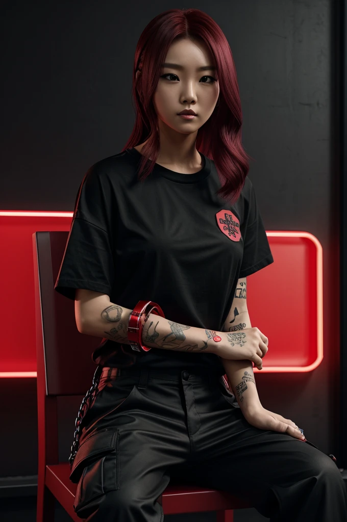 Create 3D realistic whole body , beautiful red wine hair korean girl , with tattoo , wearing oversized black t-shirt written name "stify" with cargo pants black , holding handcuffs , sitting in the chair, background black plain with red smokes with written name neon red "ex-convict " looks like mafia
