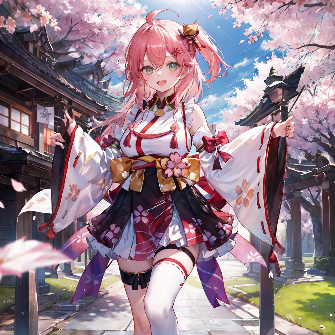 masterpiece, Highest quality, High resolution, Shrine maiden1, cherry blossoms_Shrine maiden, One girl, big_tits, alone, Ahoge, Vatu_hair_ornament, pink_hair, Floral print, hairclip,(~ side_fewer_Clothes:1.5), (~ side_tits:1.5), hair_Bell, Floral print, length_hair, hair between eye, one ~ side up, White knee socks, asymmetrical footwear, wide sleeve, Open_mouth,(Happy:1.3),green_eye,big_smile,(rise_foot:1.3),plump,Away_foots,(excessively_length_sleeve:1.3),),sleeve_past_hand首,hand_hidden_sleeve,~ sidelock_Clothes,dynamic_Pause,alone,hidden_hand首,(LOL:1.4),Covered_Nipples,sunlight,Cherry Blossom_background,まんことNipplesが出ている