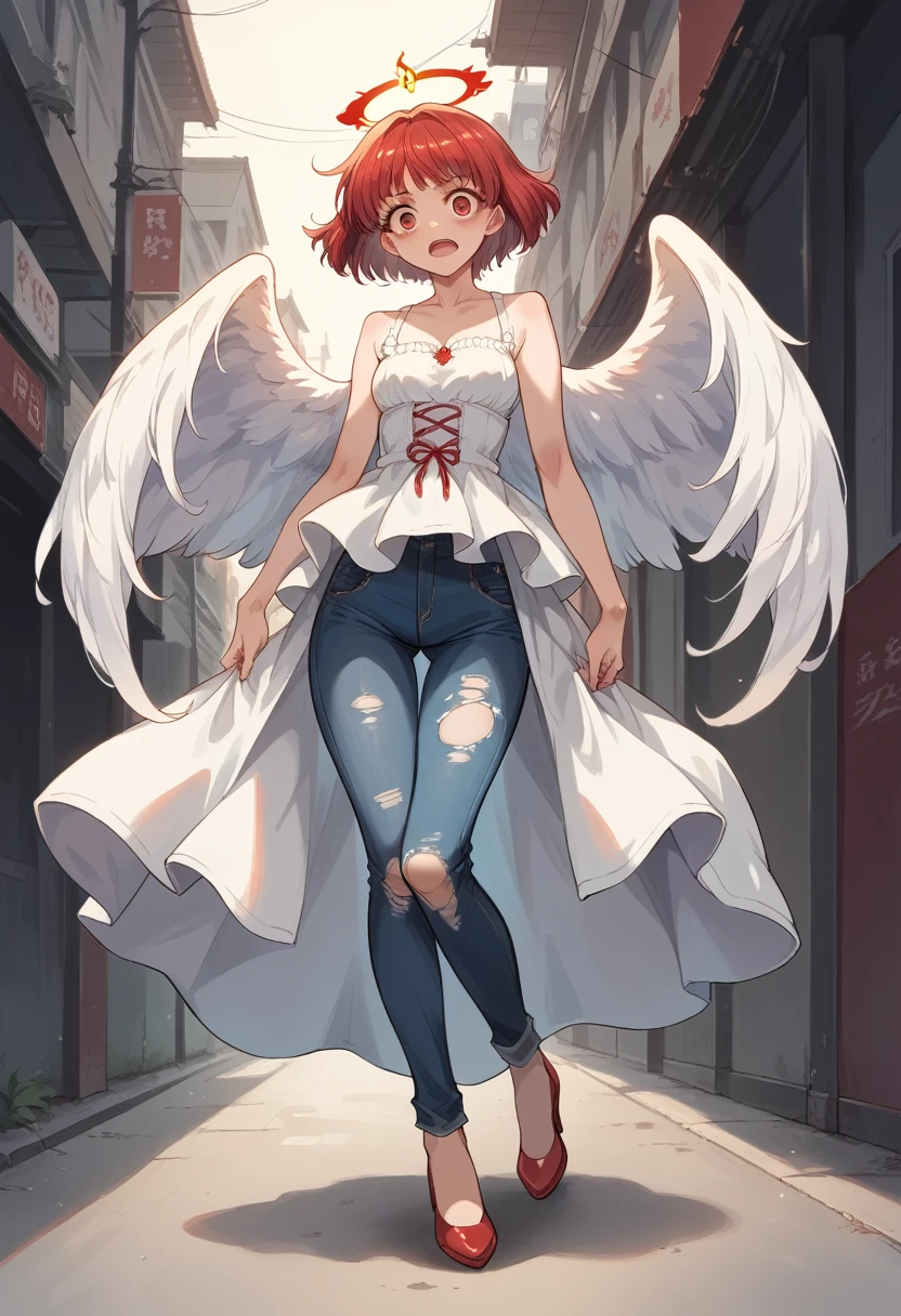 photo realism anime style Yusuke murata art with a big wolf at his side Goddess phoenix girl chunli + Sakura with big red angel wings and broad shoulders with wavy cropped hair v-cut dress V-cut ripped jeans wearing high heels walking on a dark gloomy street scared style photo realism, fully detailed drawing in black and monochrome bench and only the eyes in strong red 