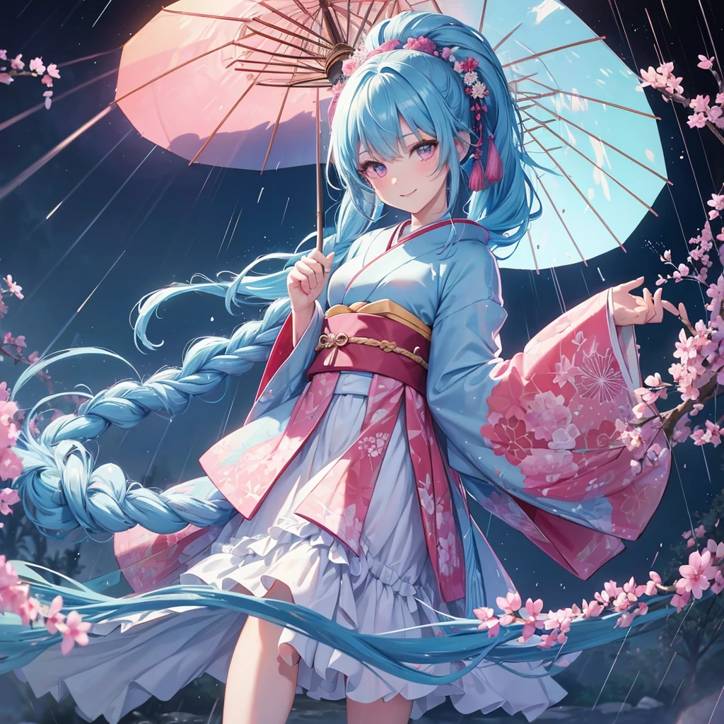 sky Blue hair, (braided ponytail),(pink eyes),fair skin ,(full body),(1 girl),smile,Straight Bangs,(masterpiece, best quality, ultra-detailed, best shadow), (detailed background), (beautiful detailed face), high contrast, (best illumination, an extremely delicate and beautiful), ((cinematic light)), colorful, hyper detail, dramatic light, intricate details,rain shower,kyoto,Japanese Umbrella,kimono,
