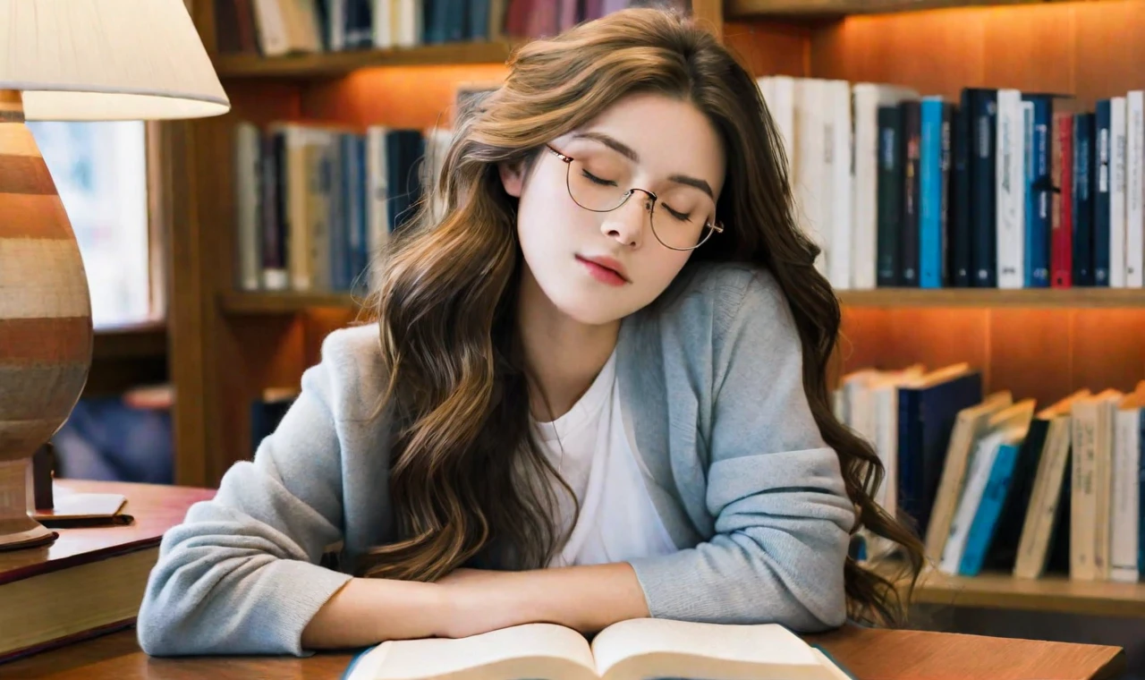 A high-quality, realistic image of a beautiful girl dozing in a cozy library. She is seated at a wooden desk, her head resting on her folded arms atop an open book. Her long, wavy hair cascades over her shoulders, partially covering her peaceful, relaxed face. She has delicate features, with a serene expression and softly closed eyes, suggesting she is in a light, comfortable sleep.

The library is warmly lit, with soft, ambient lighting that creates a tranquil and inviting atmosphere. Shelves filled with books line the background, and a nearby window lets in a gentle stream of natural light. The desk is cluttered with various books, notebooks, and a pair of reading glasses, indicating a productive study session before she drifted off.
Her outfit is casual yet stylish, perfectly,A high-quality, realistic image of a beautiful girl dozing in a cozy library. She is seated at a wooden desk, her head resting on her folded arms atop an open book. Her long, wavy hair cascades over her shoulders, partially covering her peaceful, relaxed face. She has delicate features, with a serene expression and softly closed eyes, suggesting she is in a light, comfortable sleep.

The library is warmly lit, with soft, ambient lighting that creates a tranquil and inviting atmosphere. Shelves filled with books line the background, and a nearby window lets in a gentle stream of natural light. The desk is cluttered with various books, notebooks, and a pair of reading glasses, indicating a productive study session before she drifted off.
Her outfit is casual yet stylish, perfectly,1girl, masterpiece, best quaility, photography 1.5