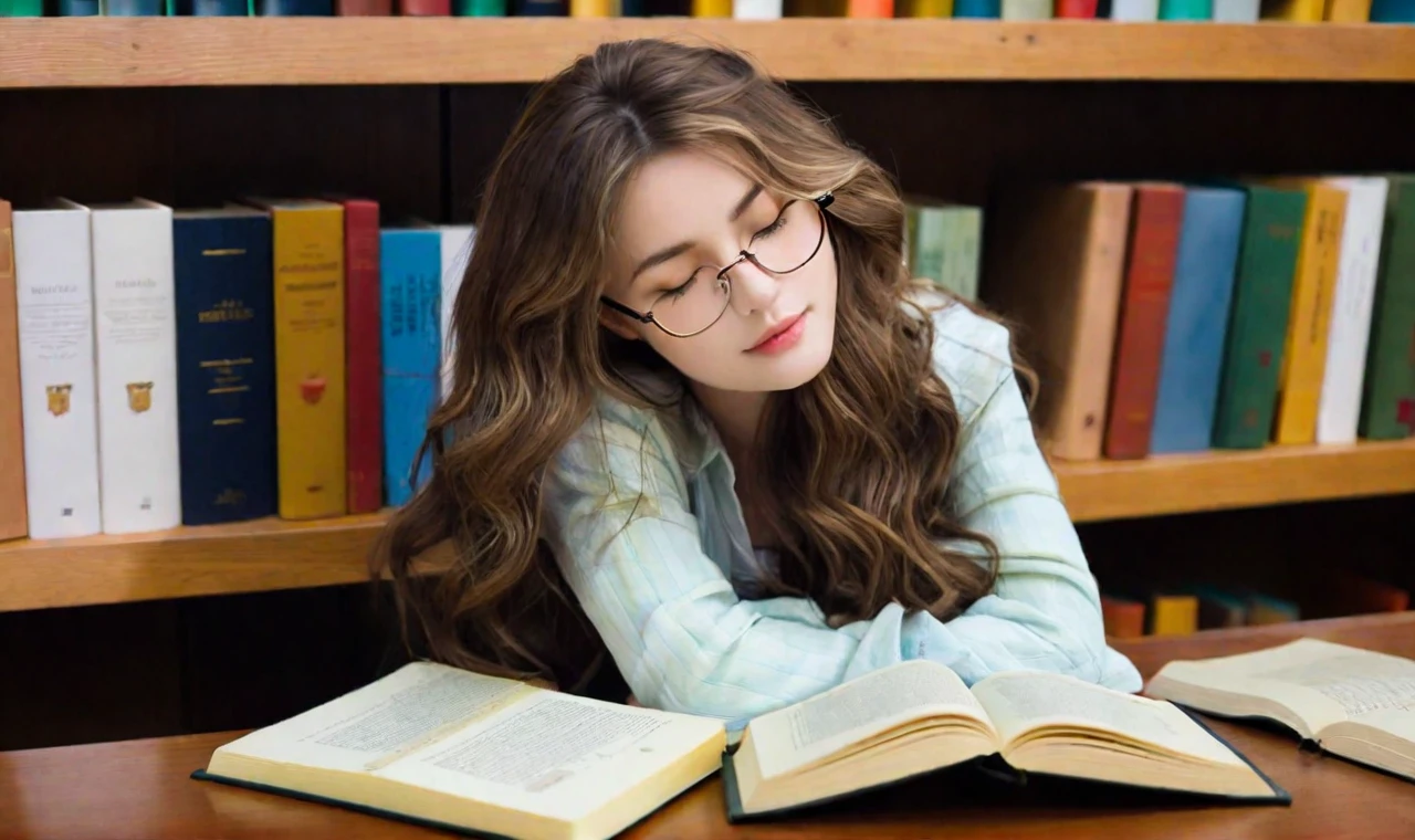 A high-quality, realistic image of a beautiful girl dozing in a cozy library. She is seated at a wooden desk, her head resting on her folded arms atop an open book. Her long, wavy hair cascades over her shoulders, partially covering her peaceful, relaxed face. She has delicate features, with a serene expression and softly closed eyes, suggesting she is in a light, comfortable sleep.

The library is warmly lit, with soft, ambient lighting that creates a tranquil and inviting atmosphere. Shelves filled with books line the background, and a nearby window lets in a gentle stream of natural light. The desk is cluttered with various books, notebooks, and a pair of reading glasses, indicating a productive study session before she drifted off.
Her outfit is casual yet stylish, perfectly,A high-quality, realistic image of a beautiful girl dozing in a cozy library. She is seated at a wooden desk, her head resting on her folded arms atop an open book. Her long, wavy hair cascades over her shoulders, partially covering her peaceful, relaxed face. She has delicate features, with a serene expression and softly closed eyes, suggesting she is in a light, comfortable sleep.

The library is warmly lit, with soft, ambient lighting that creates a tranquil and inviting atmosphere. Shelves filled with books line the background, and a nearby window lets in a gentle stream of natural light. The desk is cluttered with various books, notebooks, and a pair of reading glasses, indicating a productive study session before she drifted off.
Her outfit is casual yet stylish, perfectly,1girl, masterpiece, best quaility, photography 1.5