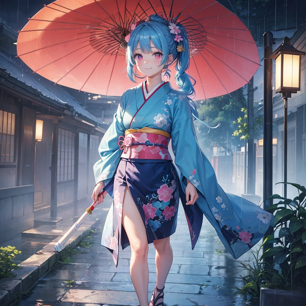 sky Blue hair, (braided ponytail),(pink eyes),fair skin ,(full body),(1 girl),smile,Straight Bangs,(masterpiece, best quality, ultra-detailed, best shadow), (detailed background), (beautiful detailed face), high contrast, (best illumination, an extremely delicate and beautiful), ((cinematic light)), colorful, hyper detail, dramatic light, intricate details,rain shower,kyoto,Japanese Umbrella,kimono,