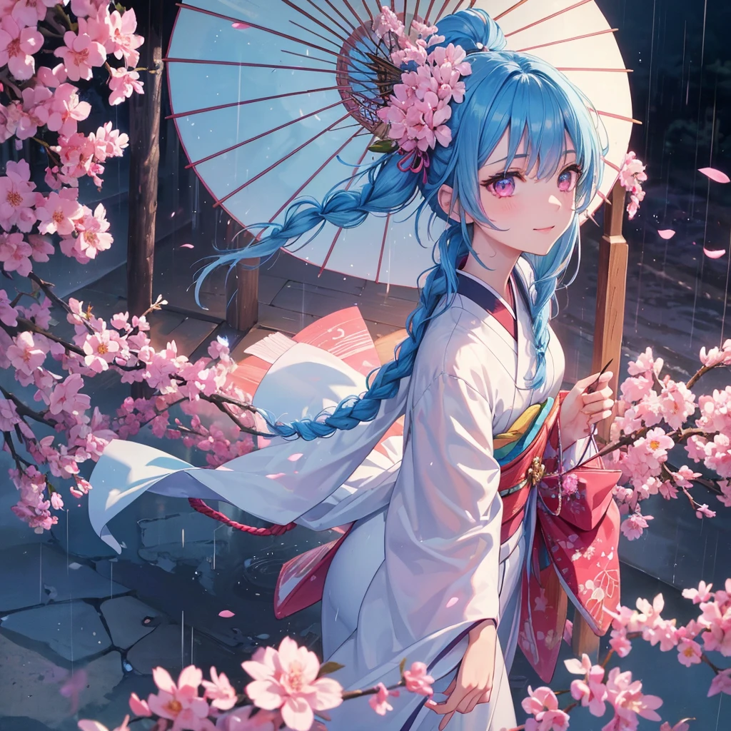 sky Blue hair, (braided ponytail),(pink eyes),fair skin ,(full body),(1 girl),smile,Straight Bangs,(masterpiece, best quality, ultra-detailed, best shadow), (detailed background), (beautiful detailed face), high contrast, (best illumination, an extremely delicate and beautiful), ((cinematic light)), colorful, hyper detail, dramatic light, intricate details,rain shower,kyoto,Japanese Umbrella,kimono,