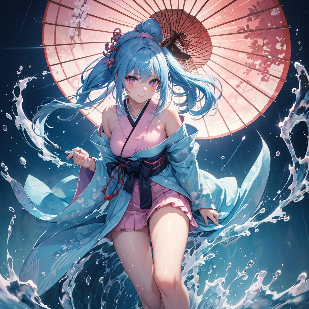 sky Blue hair, (braided ponytail),(pink eyes),fair skin ,(full body),(1 girl),smile,Straight Bangs,(masterpiece, best quality, ultra-detailed, best shadow), (detailed background), (beautiful detailed face), high contrast, (best illumination, an extremely delicate and beautiful), ((cinematic light)), colorful, hyper detail, dramatic light, intricate details,rain shower,kyoto,Japanese Umbrella,kimono,