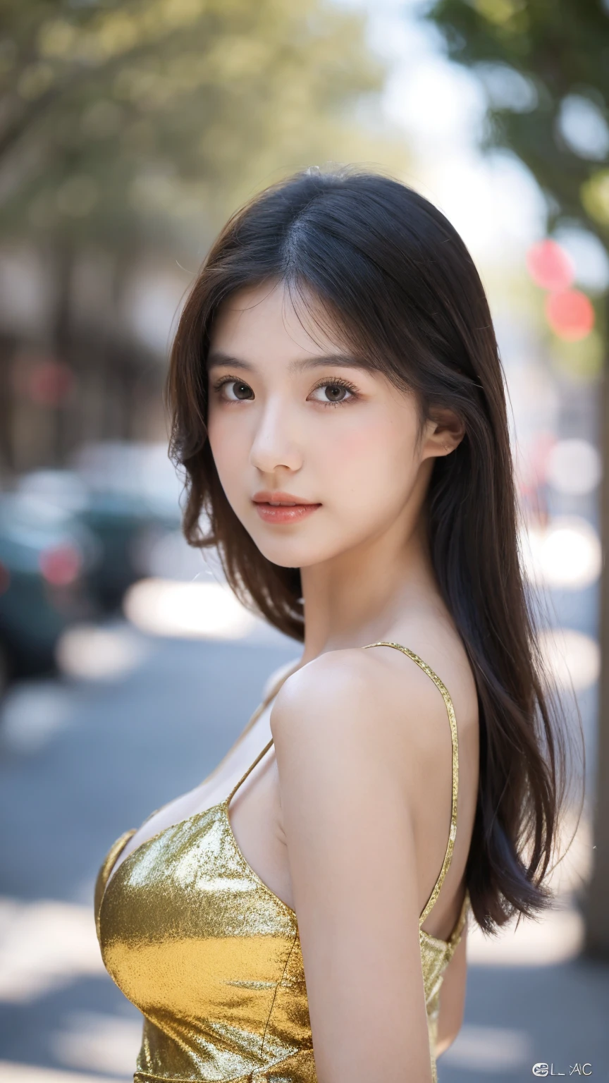 ((Best quality, 8K, masterpiece:1.3)),1girl,18 years old,Asian,Real texture:1.3,(Background blur:1.1),Gorgeous long dress,Tall and slender figure:1.2,(Hot summer weather),(street:1.3),Highly detailed face and skin textures,Exquisite eyes,Long eyelashes,Double eyelids,Skin Whitening,happy,Various postures,Big breasts