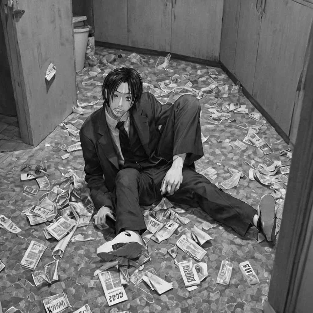 throwing trash on the floor, (anime), bizarre scenario, This is Junji, Yusuke Murata, black and white, 8K, anime, horror