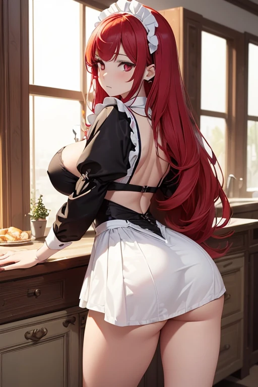(1girl),(alone),(white skin),(long red hair),(young),(beautiful and super hot),(structured slim 1girl),(alone),(white skin),(long red hair Red eyes),(young),(beautiful and super hot),(slender body structured),(:1.5),(height 1.74cm),(hot ass),(Weari,+,(\dressed as a maid, and maid's outfit and super revealing on the back, I lowered the short skirt a lot, showing her legs, and a little of her panties, and t of the apron at the back of the skirt is very low, showing her delicious buttocks, and over thniform it looks like a very short and sexual bra, and she has an asand super big breasts, she super busty and habuttocks)/