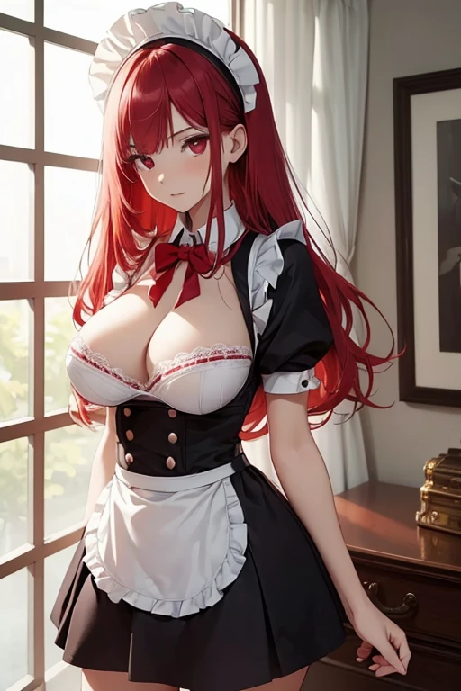 (1girl),(alone),(white skin),(long red hair),(young),(beautiful and super hot),(structured slim 1girl),(alone),(white skin),(long red hair Red eyes),(young),(beautiful and super hot),(slender body structured),(Big Breasts:1.5),(height 1.74cm),(hot ass),(Wearing),+,(\dressed as a maid, and maid's outfit and super revealing on the back, I lowered the short skirt a lot, showing her legs, and a little of her panties, and the part of the apron at the back of the skirt is very low, showing her delicious buttocks, and over the maid uniform it looks like a very short and sexual bra, and she has an ass big and super big breasts, she is super busty and has very big buttocks)/
