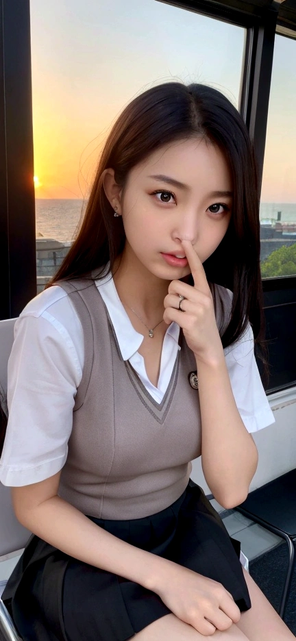 Highest quality、perfection、Beautiful woman、young、16 years old、Bob Hair、Grey vest、White short sleeve shirt、Black Skirt、summer、blush、Biting your lip、Angry face、Angry Mouth、Angry Eyes、Put your finger over your mouth、classroom、Sit on a chair、Sunset、窓からSunsetが見える、Beautiful scenery、Famous actress、model、Japanese、Sexy posing