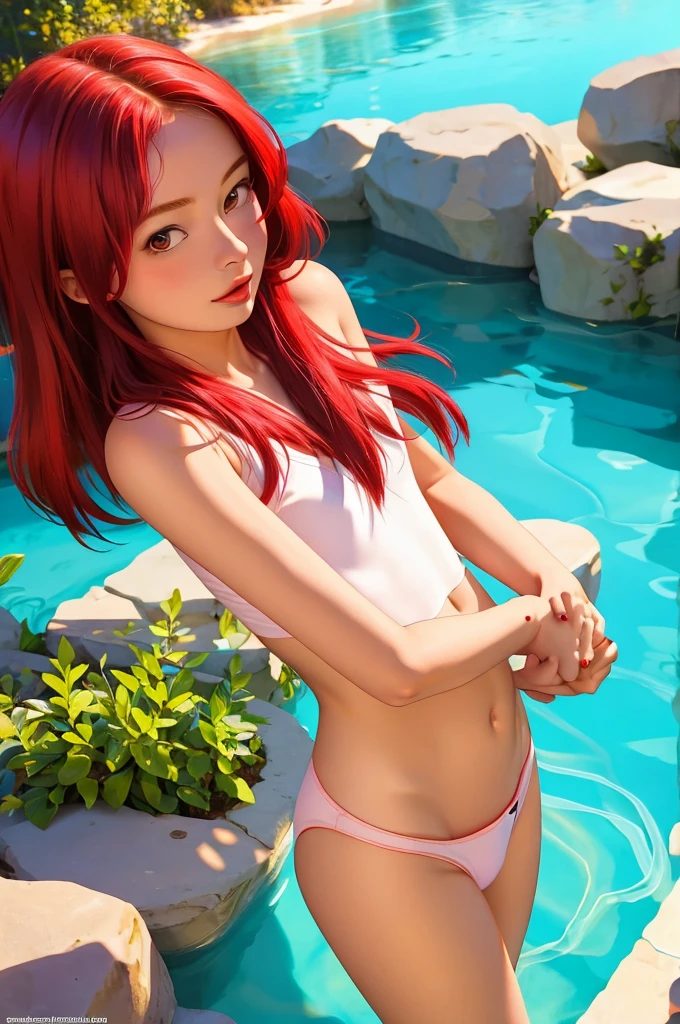 Print with a 16k realistic portrait of a Voluptuous girl of the year 2023´s,a long red hair, perfect pale skin,"small breasts" ,perfect curvaceous body, perfect eyes, naked, perfect fat pussy ,looking at me, standing frontal position,intricate details,pool in background, high definition,(Best Quality,High Resolution),Ultra Detailed,Realistic,Professional Portrait,Portrait Painting,Glossy Lips,Sensual Expression,Beautiful Detailed Eyes,Beautiful Detailed Lips,Slight Flush,red Hair,Soft Lighting,Detailed Skin with Visible Pores,Expressive Eyes,details exposed fat pussy.