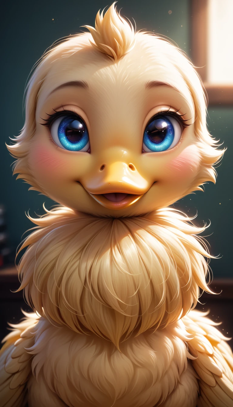 1 cute yellow duckling, extremely detailed eyes, adorable, fluffy, photorealistic, 8k, (best quality:1.2), highly detailed, vibrant colors, natural lighting, studio lighting, award winning photography