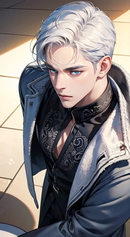(best quality, masterpiece, 8K, photorealistic, cinematic lighting, 1:4 hdr image, top view, ultra detailed, beautiful image), a mature man, very handsome, short white hair, blue eyes, perfect face without errors , (CEO)