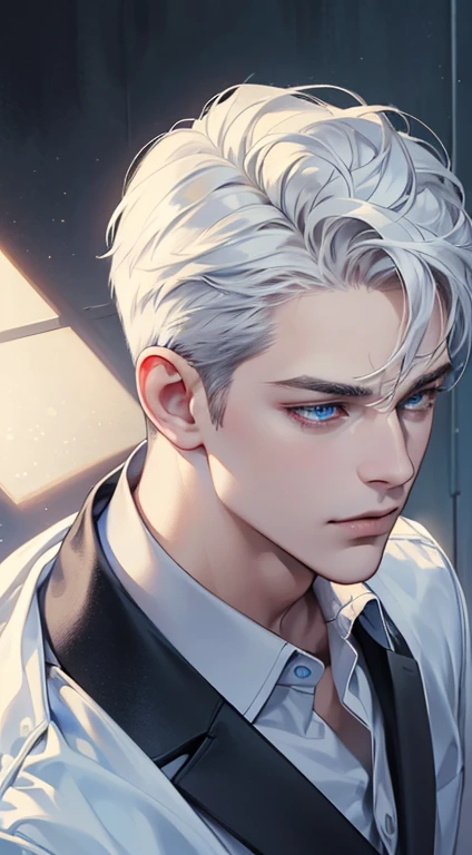 (best quality, masterpiece, 8K, photorealistic, cinematic lighting, 1:4 hdr image, top view, ultra detailed, beautiful image), a mature man, very handsome, short white hair, blue eyes, perfect face without errors , (CEO)
