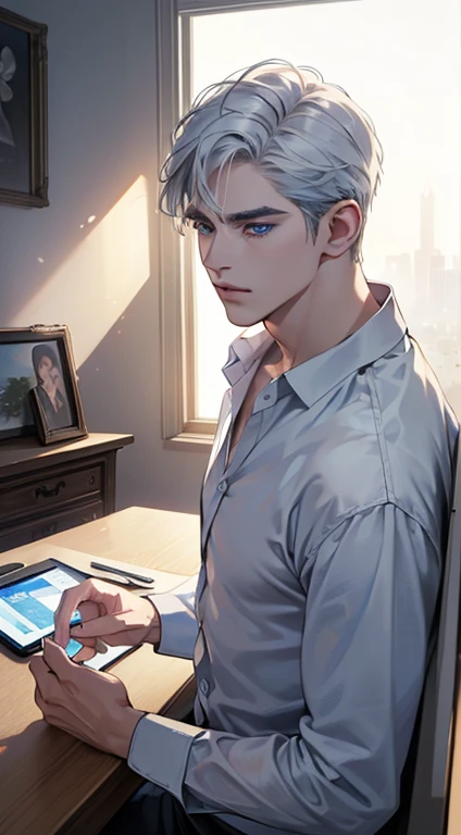 (best quality, masterpiece, 8K, photorealistic, cinematic lighting, 1:4 hdr image, top view, ultra detailed, beautiful image), a mature man, very handsome, short white hair, blue eyes, perfect face without errors , (CEO)