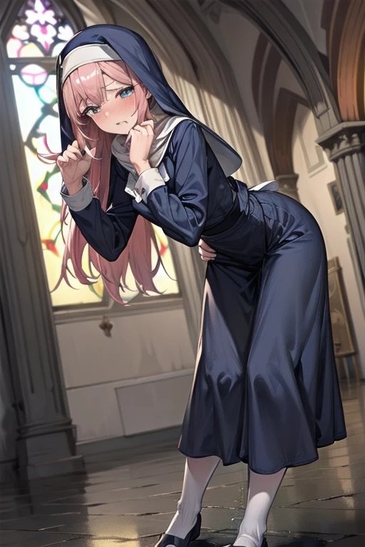 nsfw, (masterpiece, top quality, best quality, highly detailed:1.6), extremely detailed CG unity 8k wallpaper, strong facial expression,(sharp eye:1.2), (scowl:1.1), (embarrassed,blush:1.3), (steam:1.1), (wet:1.1), (sweat:1.1), (trembling:1.3), (parted lips:1.4), (harf open eyes:1.4), (feeling weak:1.5), (1 girl standing on the church, Blue nun, long skirt:1.5), (shoot from front, looking at viewer:1.1), (leaning forward:2), (((clutching crotch))), colorful, full body, wide shot, perfect composition, (girl trembling with sexual climax), urination, incontinence, piss, peeing self, A lot of pee, having an accident, pee running down legs, Crossing legs, (((pee stream))), (pee puddle), wetting herself, pee stain, peeing, blush, trembling, embarrassed, (long hair, black hair), Yellow pee, Rubbing knees, ((leaking pee)), hand between legs, (Touching the crotch:1.6), Shaking one's shoulders, Breaking a sweat on forehead,(Rubbing the crotch with your hands:1.5), puddle of pee, Pee at your feet, Pee spread on the floor, Pee stains, Dripping pee between my legs, Feet wet from pee, Pee-covered feet, Pee at your feet, want to pee, about to pee, Full bladder, Pee-soaked Shoes, Pee-soaked thigh-high socks, The limit of holding in pee, A big pee, Pleasant pee, a big puddle of urine at my feet, can't stand it and urinate, can't stand peeing, Non-stop peeing, Unstoppable peeing, A dress wet with pee, can't make it to the toilet in time and I pee, A pleasant feeling of urination after holding it in to the limit, 