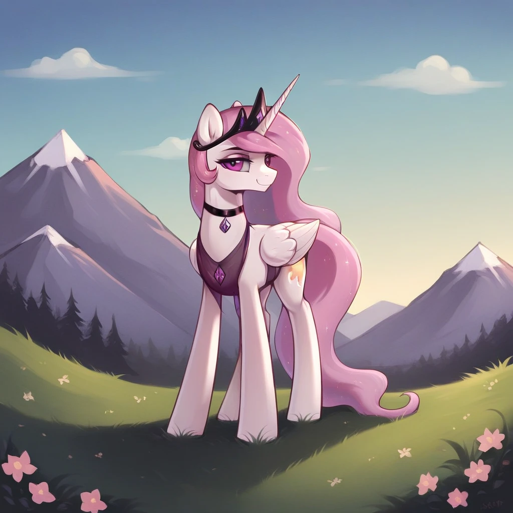score_9, score_8_up, score_7_up, score_6_up, score_5_up, score_4_up, rating_explicit, outdoors, purple (see through pink dress and neck choker), solo, feral pony, princess  celestia, evil smile, closed mouth,BREAK mountain, day, sky, flower, mountainous horizon, blue sky, grass 