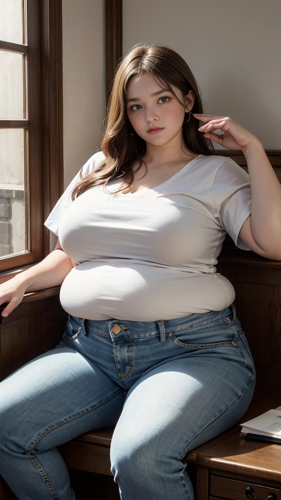 Femme très grosse, assise dans des coussins, Makima, bbwchan, cheveux rouges et yeux jaunes, double menton. Son gros bide sort de son pantalon, elle le carresse avec ses mains. Button pop. Ventre en boule sous le jean. Elle porte un short en jean trop petit et un haut en dentelle, belle lumière sur elle, magnifique femme obese