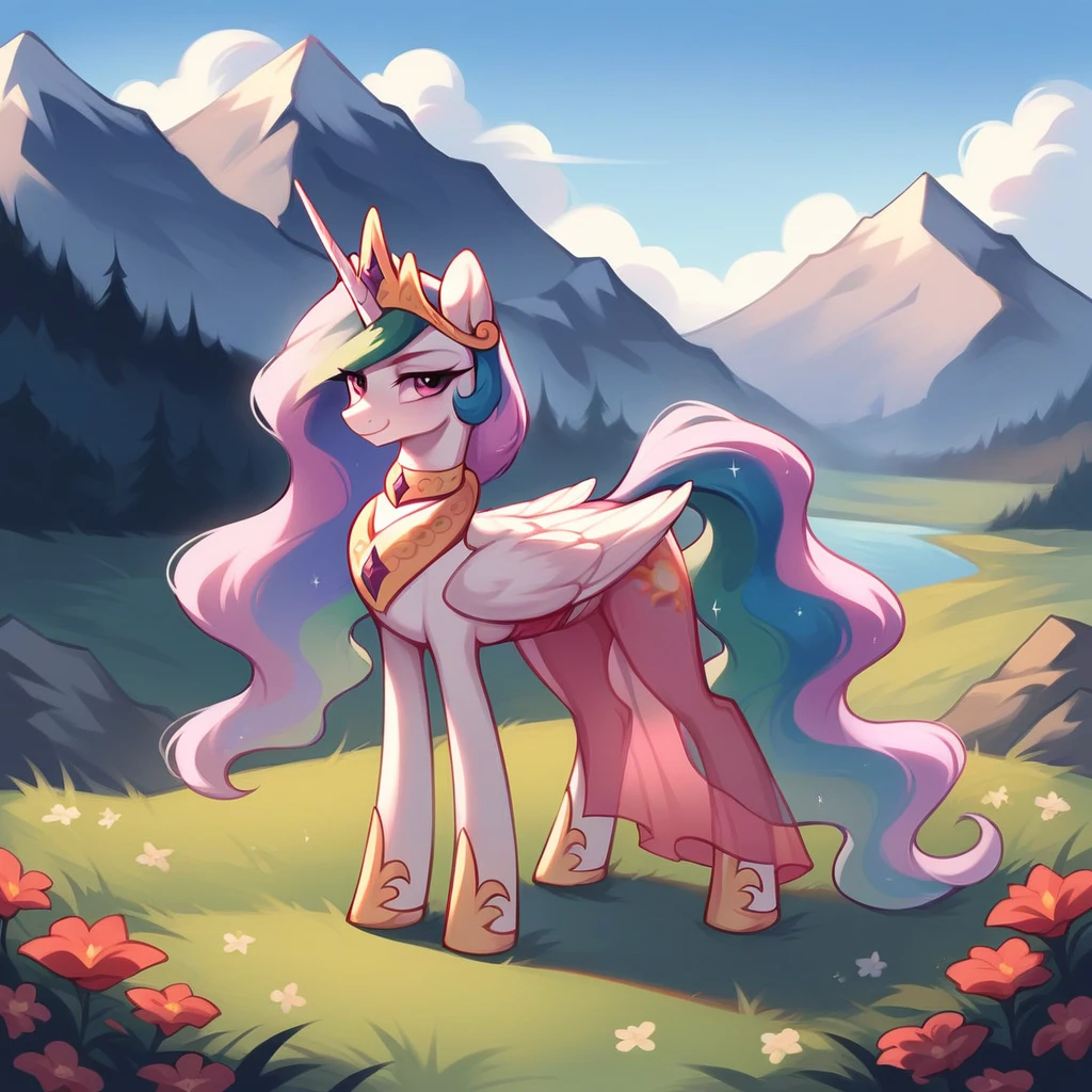 score_9, score_8_up, score_7_up, score_6_up, score_5_up, score_4_up, rating_explicit, outdoors, purple (see through pink dress and neck choker), solo, feral pony, princess  celestia, evil smile, closed mouth,BREAK mountain, day, sky, flower, mountainous horizon, blue sky, grass 