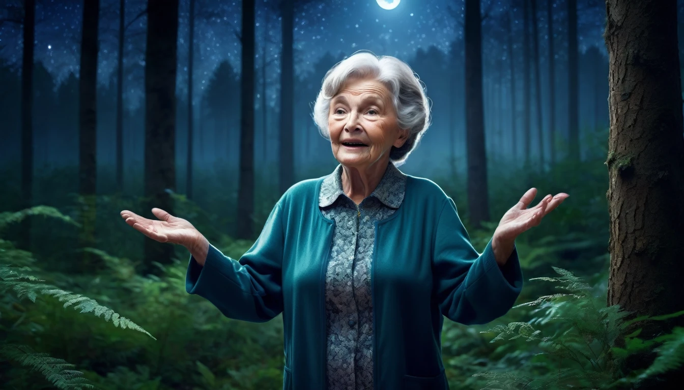 Image of an elderly lady , standing with open arms in the forest at night, PICTURE REALISTIC, high resolution, 8K
