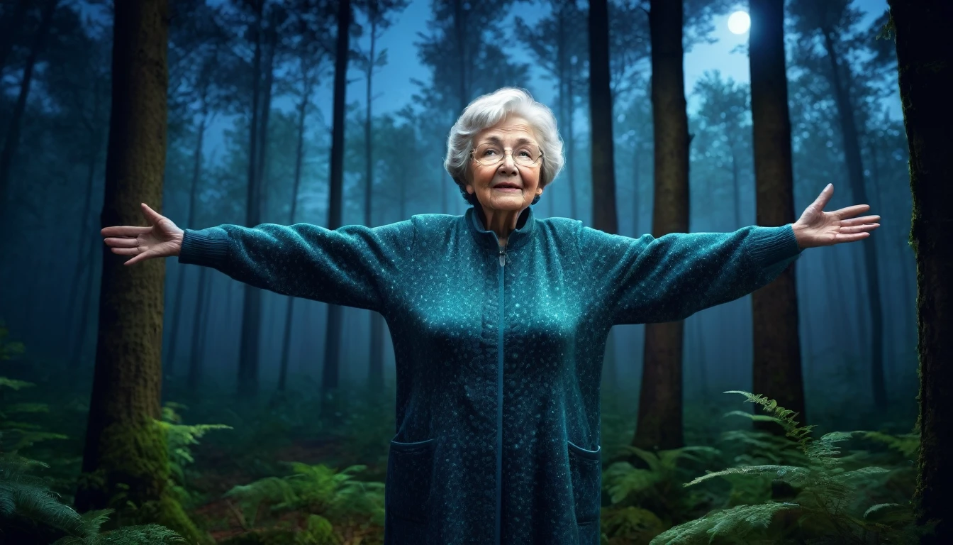 Image of an elderly lady , standing with open arms in the forest at night, PICTURE REALISTIC, high resolution, 8K 