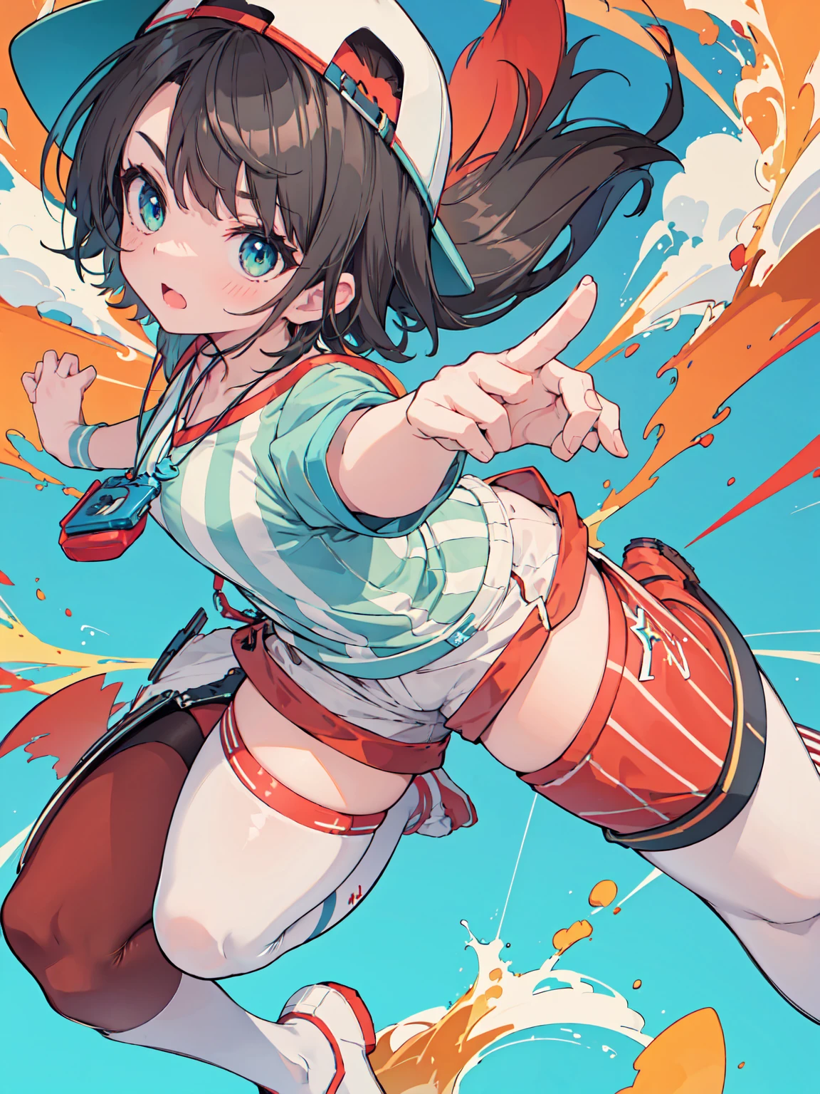 highest quality, High resolution, detailed face, dynamic pose, hair flow, (whole body:1.1), subaru_sports, striped shirt, white shorts, baseball cap, whistle, red legwear, white legwear, mismatched legwear