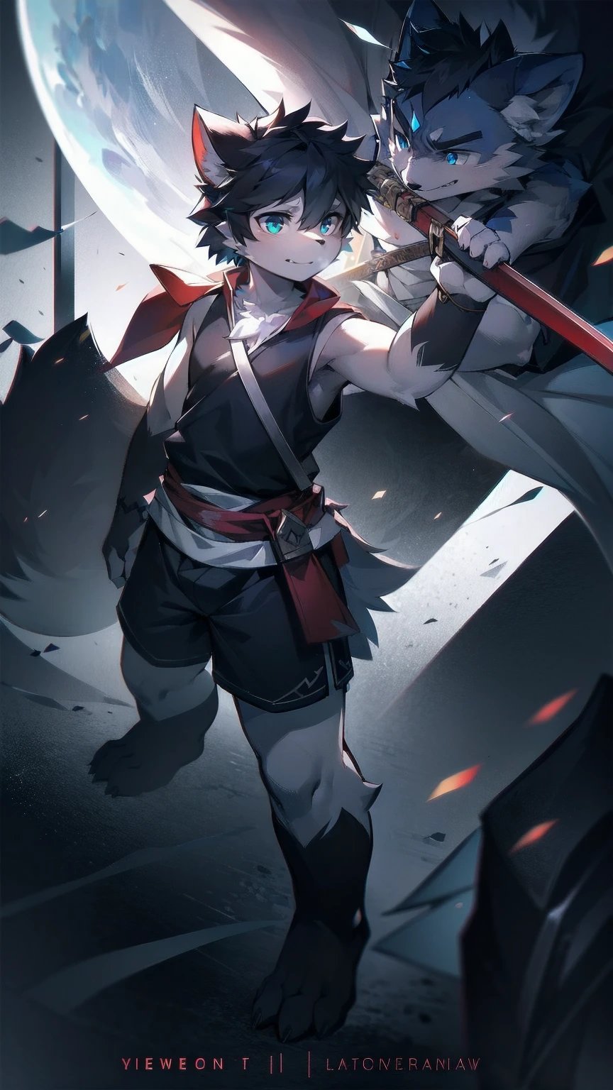 White Wolf,black hair,Sky blue eyes,hairy,Wolf ears,Wolf tail,Full body portrait,The character is in the center of the frame,Handsome,Confident eyes,male,juvenile,Black and white combat uniform,Red neck bib,Black shorts,Short sleeve,hairy arms and legs,Dark background,Dark battlefield,dawn,sunrise,dawn,illumination,shadow,Swordsman,Scabbard and sword,Hold the hilt of a sword in your hand,The scabbard is at the waist,Highest quality