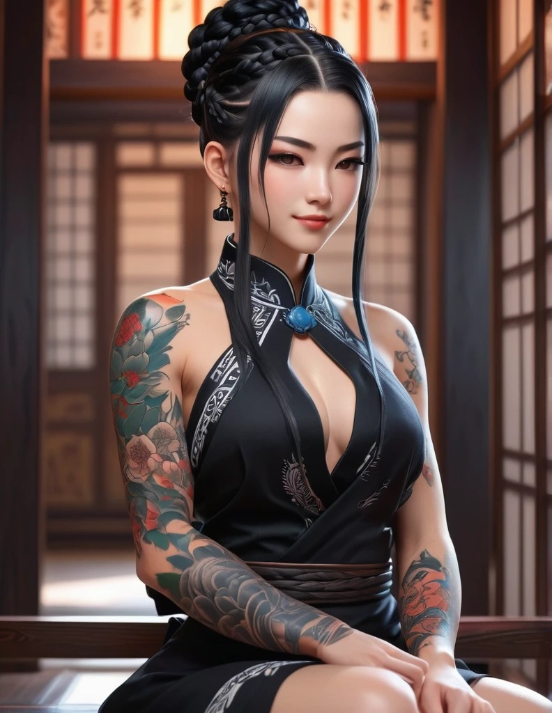 quality(8k wallpaper of extremely detailed CG unit, ​masterpiece, hight resolution, top-quality, top-quality real texture skin,hyper realisitic, digitial painting,increase the resolution,RAW photos，best qualtiy,highly detailed,the wallpaper),BREAK,8K, onmyoji-style art, black and white braids, muscular girl, tattoos, small smile, black dress, 