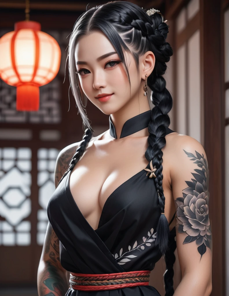 quality(8k wallpaper of extremely detailed CG unit, masterpiece, hight resolution, top-quality, top-quality real texture skin,hyper realisitic, digitial painting,increase the resolution,RAW photos,best qualtiy,highly detailed,the wallpaper),BREAK,8K, onmyoji-style art, black and white braids, muscular girl, tattoos, small smile, black dress,