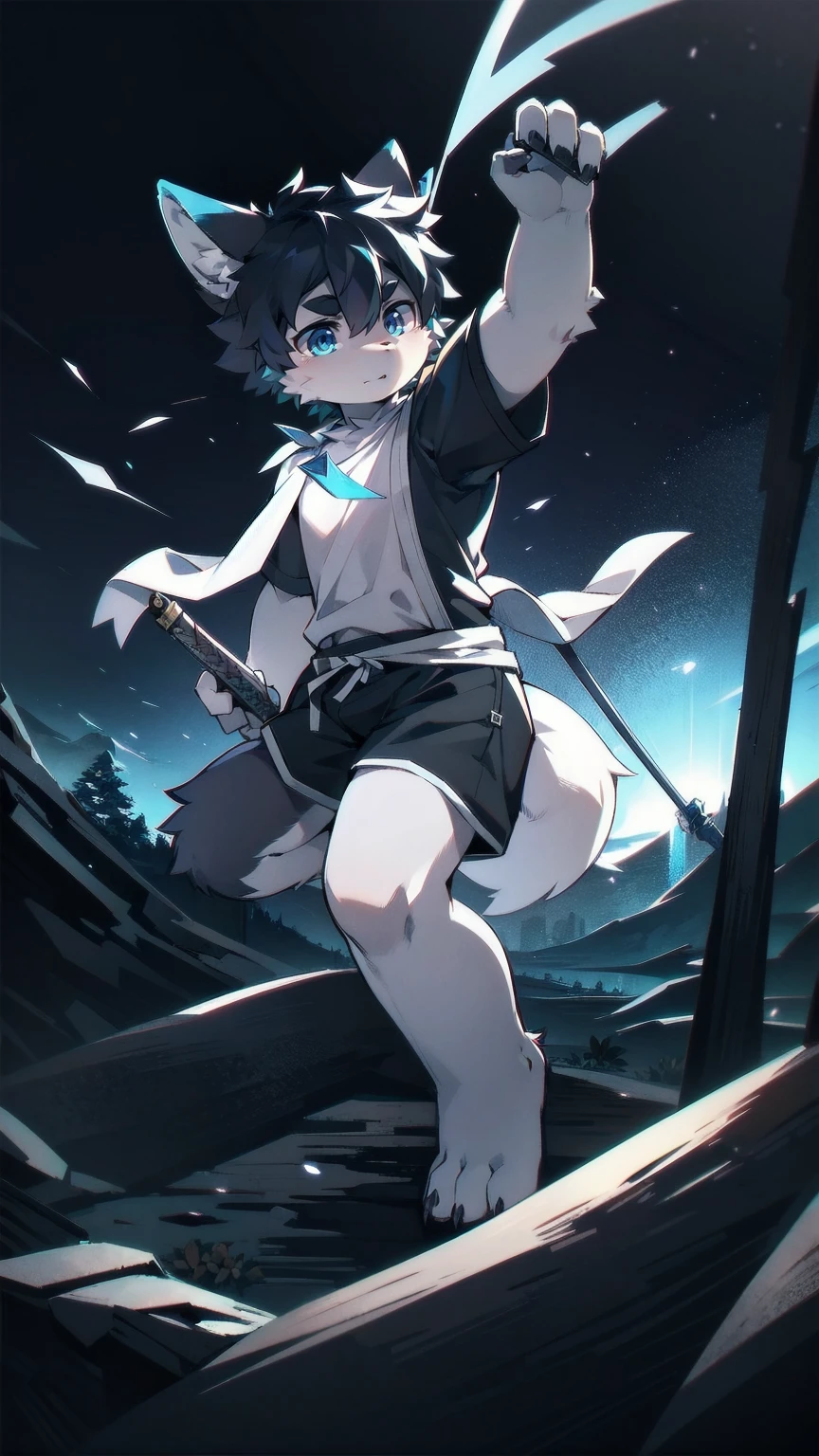 White Wolf，black hair，Sky blue eyes，hairy，Wolf ears，Wolf tail，Full body portrait，The character is in the center of the frame，Handsome，Confident eyes，male，juvenile，Black and white combat uniform，Red neck bib，Black shorts，Short sleeve，hairy arms and legs，Dark background，Dark battlefield，dawn，sunrise，dawn，illumination，shadow，Swordsman，Scabbard and sword，Hold the hilt of a sword in your hand，The scabbard is at the waist，Highest quality