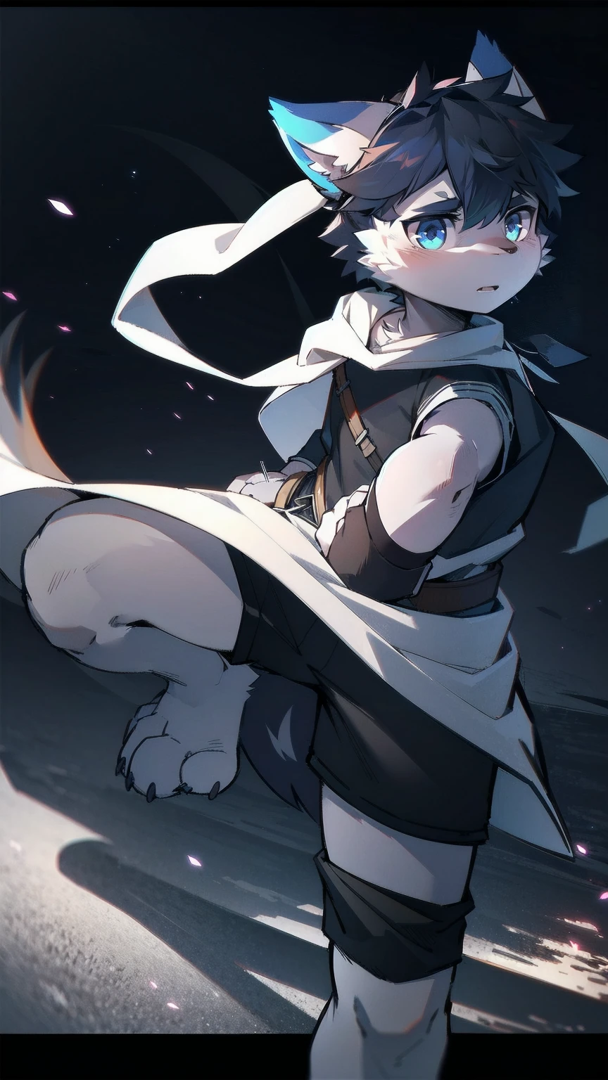 White Wolf，black hair，Sky blue eyes，hairy，Wolf ears，Wolf tail，Full body portrait，The character is in the center of the frame，Handsome，Confident eyes，male，juvenile，Black and white combat uniform，Red neck bib，Black shorts，Short sleeve，hairy arms and legs，Dark background，Dark battlefield，dawn，sunrise，dawn，illumination，shadow，Swordsman，Scabbard and sword，Hold the hilt of a sword in your hand，The scabbard is at the waist，Highest quality