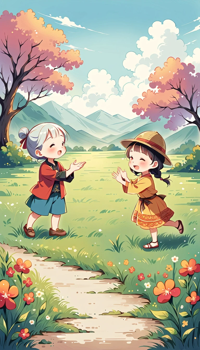 Create an image of 2 children playing. They are playing on a rice field ridge under a clear and cheerful sky. They are playing rock-paper-scissors to determine the winner. The children are wearing simple and cheerful clothing traditional-style balinese.