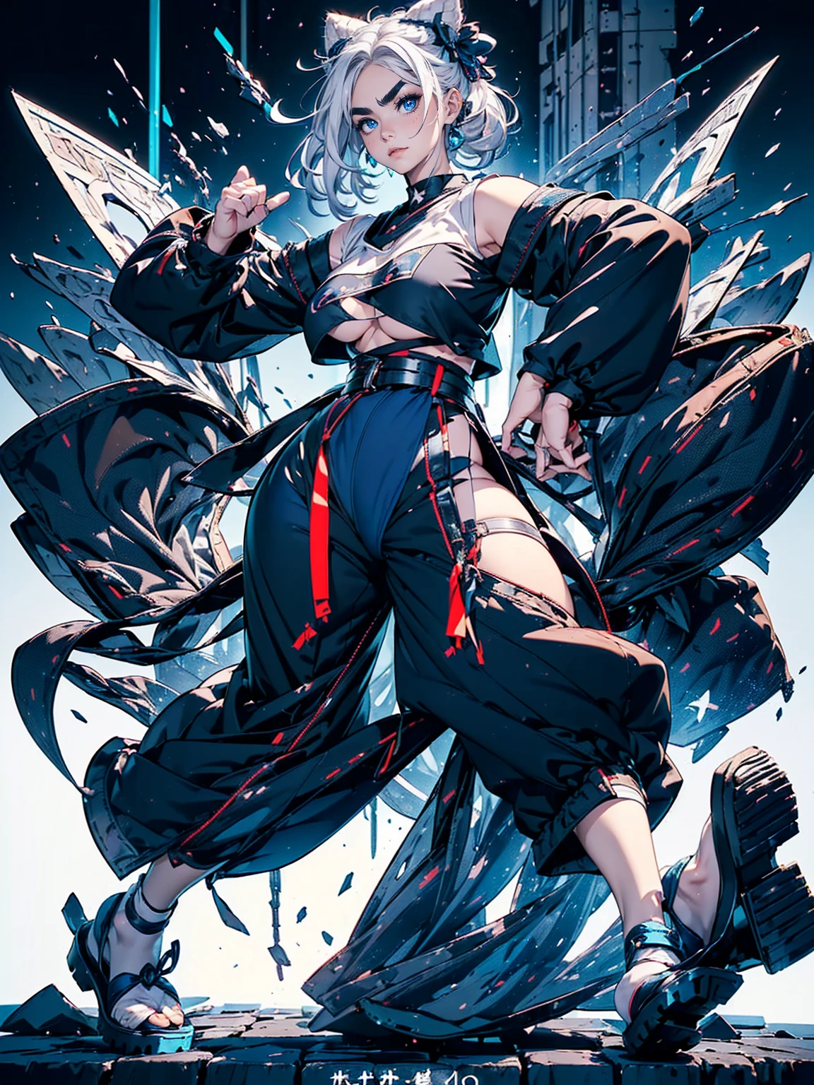 , (White Hair Girl), (Thick, dark blue eyebrows:1.4), (Dark blue eyebrows:1.7), (Thick eyebrows:1.3), (Huge black fluffy animal ears:1.1), (Black animal ears:1.1), BREAK, (((Mesh Stitching Crop T-Shirt, Cutout Long Sleeve Top))),BREAK, (Big Breasts:1.2, Thick legs, Superb thighs:1.3, Adult female body, Sturdy body:1.5, Japanese style costume:1.5, Beautifully colored kimono:1.5,), ((Action pose:1.4 )), (sharp eyes, Ultra-high definition CG, Precisely designed costumes, 4K, 8K, Ultra-high definition CG, Precisely designed costumes, Clear lines, Expressive and Captivating Eyes, Fine Details and Realistic Textures, cinematic lighting), ((white background)), BREAK, (過剰なRuggedThick soleブーツを履いています:1.2), (Thick sole:1.5), (Big shoes:1.3),