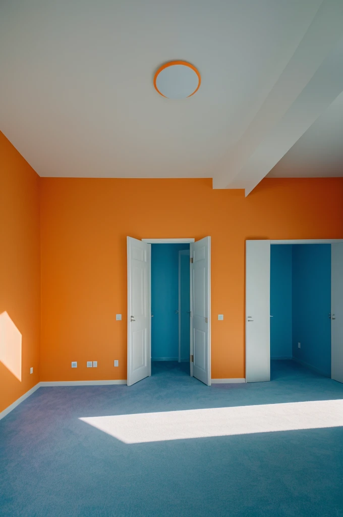 Image of a room having walls of sky blue and light orange colour