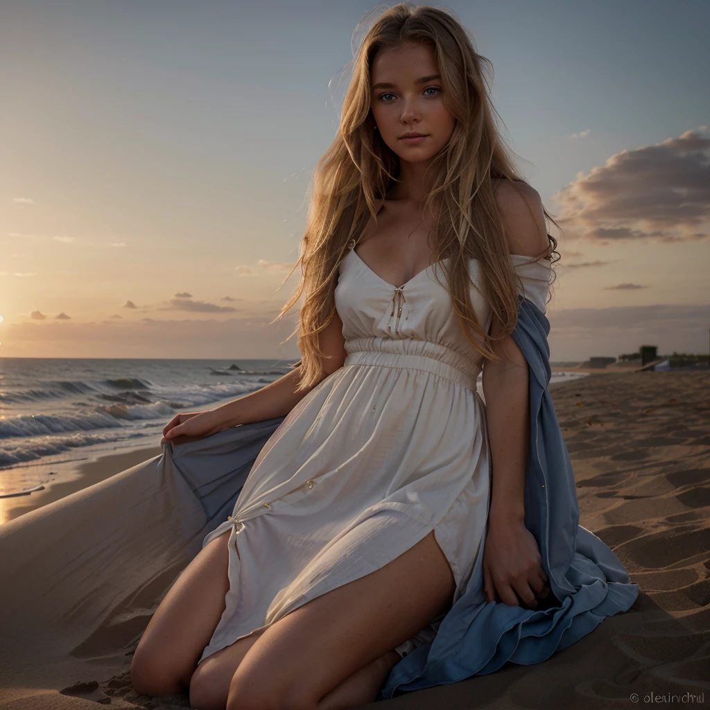 belle blonde assise sur une dune de sable, (regardant le coucher de soleil, wearing a long, flowing dress, with a romantic and soothing atmosphere.), very detailed, 21 ans, visage innocent, natural wavy hair, blue eye, high resolution, head of'artwork, best quality, intricate details, very detailed, sharpness, detailed skin, realistic skin texture, texture, detailed eyes, professionnel, 4K, charming smile, shot with Canon, 85mm, shallow depth of field, Kodak Vision Color, corps parfaitement ajusté, extremely detailed, Photo_\(ultra\), photorealistic, realistic, Post-traitement, Maximum details, roughness, real life, ultra realistic, photorealism, la photographie, 8k uh, la photographie