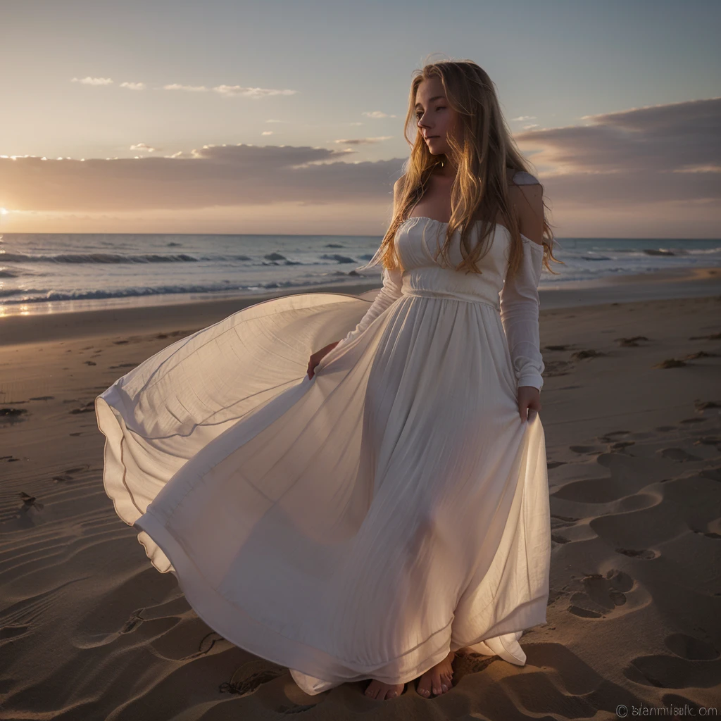 belle blonde assise sur une dune de sable, (regardant le coucher de soleil, wearing a long, flowing dress, with a romantic and soothing atmosphere.), very detailed, 21 ans, visage innocent, natural wavy hair, blue eye, high resolution, head of'artwork, best quality, intricate details, very detailed, sharpness, detailed skin, realistic skin texture, texture, detailed eyes, professionnel, 4K, charming smile, shot with Canon, 85mm, shallow depth of field, Kodak Vision Color, corps parfaitement ajusté, extremely detailed, Photo_\(ultra\), photorealistic, realistic, Post-traitement, Maximum details, roughness, real life, ultra realistic, photorealism, la photographie, 8k uh, la photographie