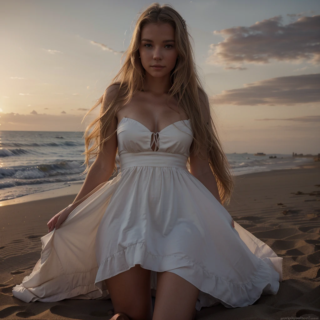 belle blonde assise sur une dune de sable, (regardant le coucher de soleil, wearing a long, flowing dress, with a romantic and soothing atmosphere.), very detailed, 21 ans, visage innocent, natural wavy hair, blue eye, high resolution, head of'artwork, best quality, intricate details, very detailed, sharpness, detailed skin, realistic skin texture, texture, detailed eyes, professionnel, 4K, charming smile, shot with Canon, 85mm, shallow depth of field, Kodak Vision Color, corps parfaitement ajusté, extremely detailed, Photo_\(ultra\), photorealistic, realistic, Post-traitement, Maximum details, roughness, real life, ultra realistic, photorealism, la photographie, 8k uh, la photographie