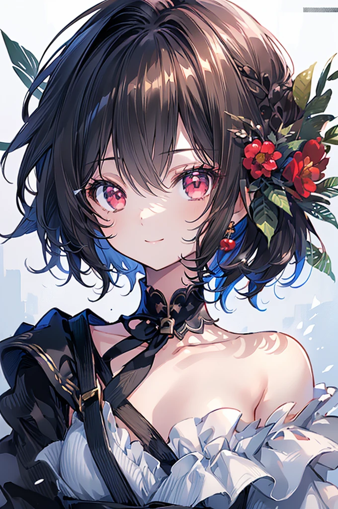 (masterpiece, highest quality, highest quality, (No text), Beautiful and aesthetic:1.2),No text,アニメ、BREAK,One Girl，Black Hair Girl　short hair　Tree Eyes　Beautiful eyes　Red eyes　cool　smile　Red and Black　Off-the-shoulder mini skirt　whole body　In town
