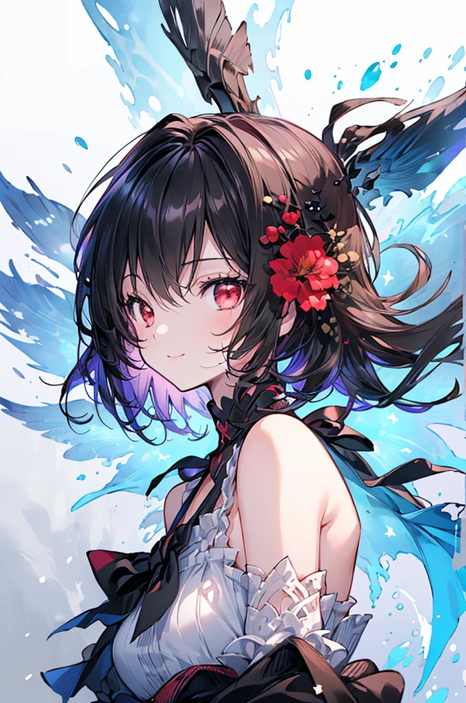 (masterpiece, highest quality, highest quality, (No text), Beautiful and aesthetic:1.2),No text,アニメ、BREAK,One Girl,Black Hair Girl short hair Tree Eyes Beautiful eyes Red eyes cool smile Red and Black Off-the-shoulder mini skirt whole body In town